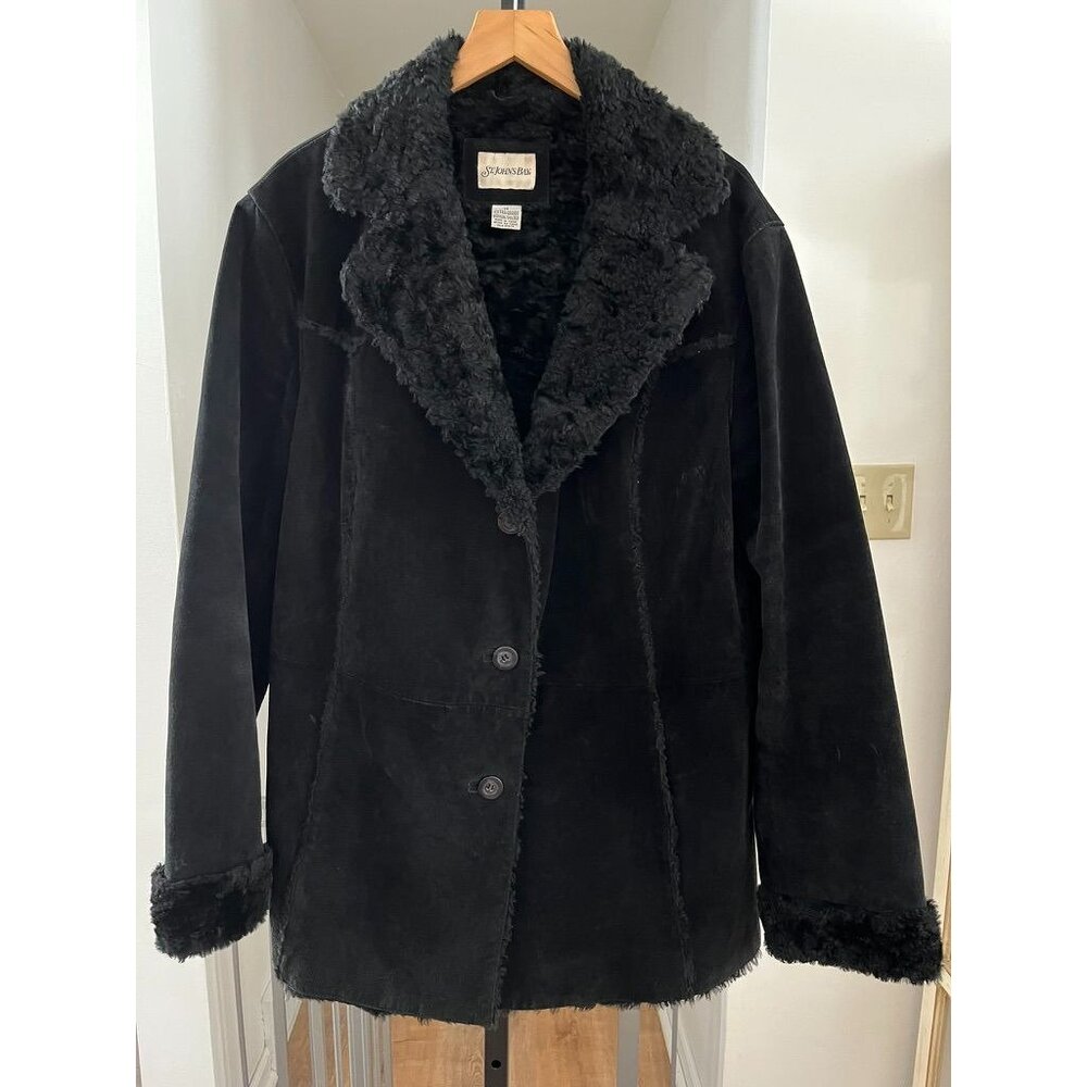 EUC Vintage St. Johns Bay Black Leather Jacket With Faux Shearling Trim & Acryli